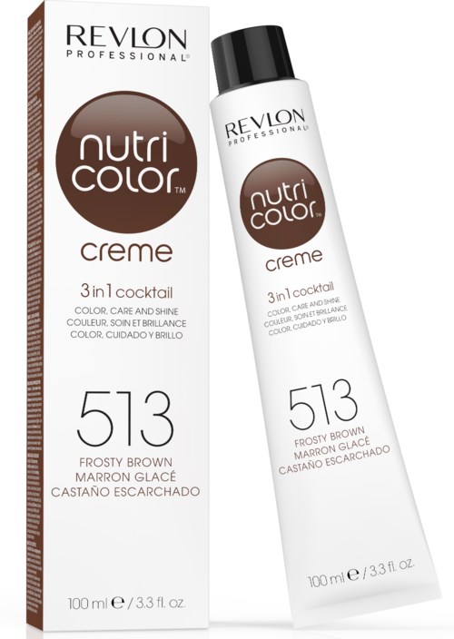 En tub med Revlon Nutri Color Creme i nyansen 513 Frosty Brown, med förpackning som visar produktens detaljer och färgbeskrivning.