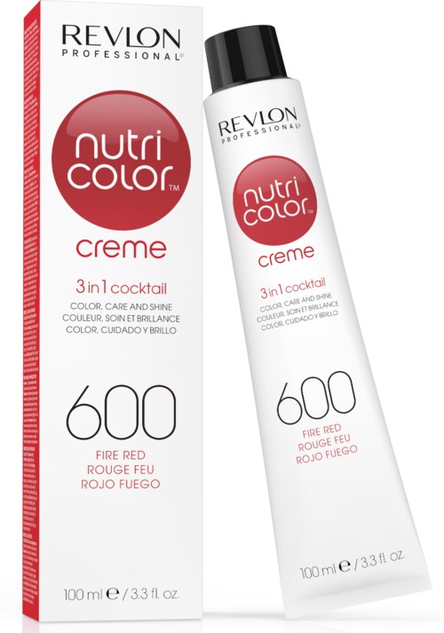En tub och förpackning av Revlon Nutri Color Creme i eldrött, avsedda för hårfärgsvård och glans.