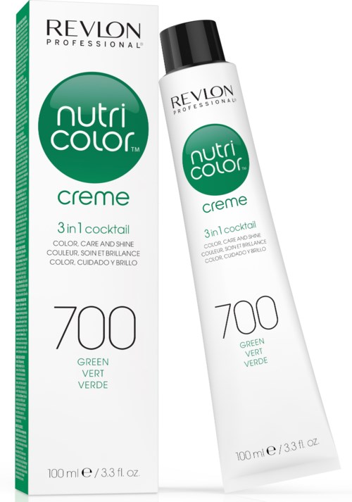 En grön och vit box och tub för Revlon Nutri Color Creme hårfärg, nummer 700 grönt.