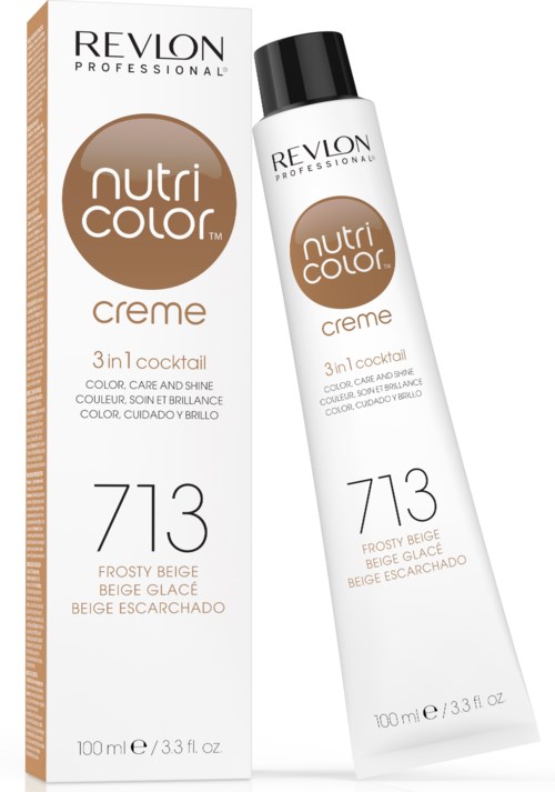En tub med Revlon Nutri Color Creme hårfärg i nyansen 713 Frosty Beige, med förpackningen som visar detaljer.