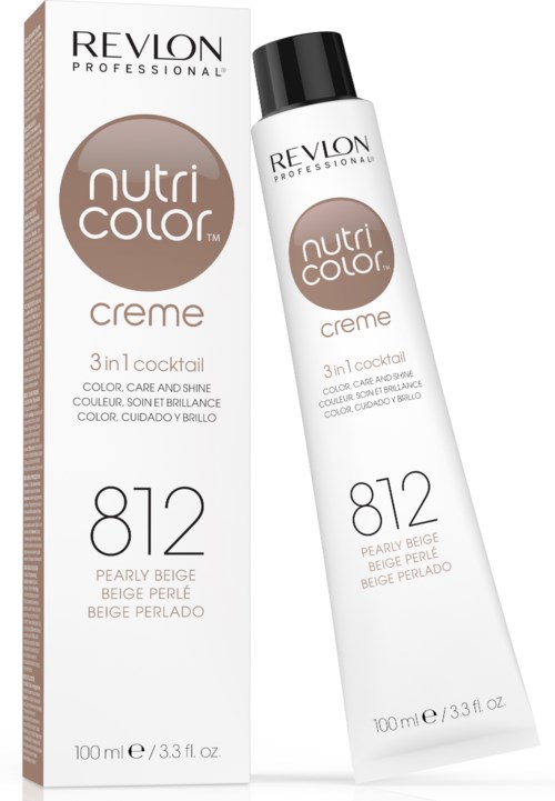 En låda och tub med Revlon NutriColor Creme hårfärg i nyansen 812 Pearly Beige.