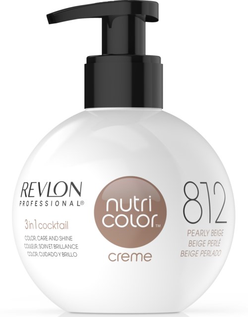 En vit flaska med svart pumpmynning märkt Revlon Nutri Color, 3-i-1-kräm för hår, nyans 812 Pearly Beige.
