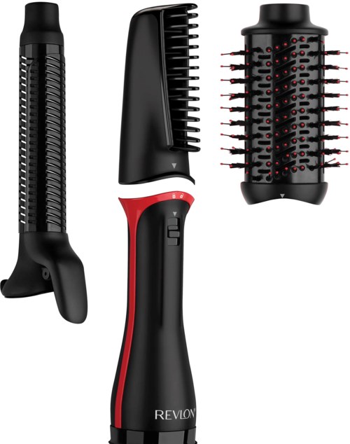 Drie haarstylingtools: twee zijn verwarmde borstels, en een is een ronde borstel met rode en zwarte haren.