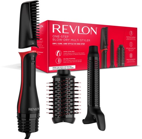 Een Revlon haarstylingset met kam, borstel en opzetstukken in rood en zwart, in een doos.