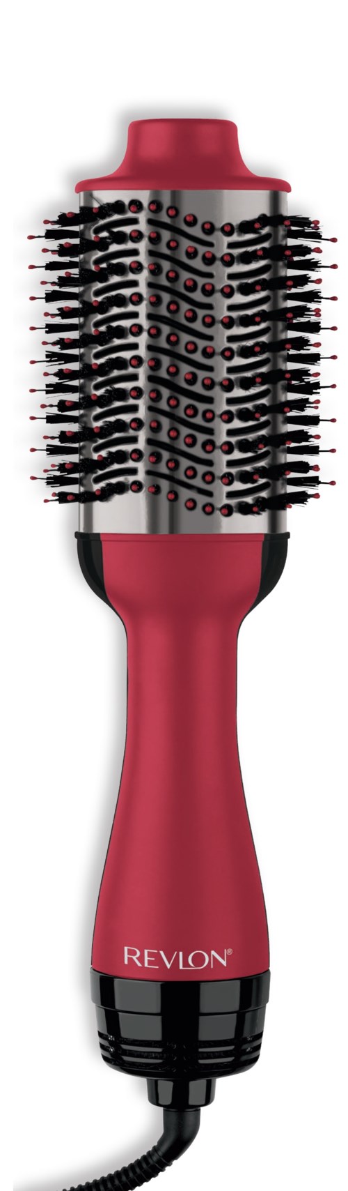 Revlon-kampiharja, jossa pinkki kahva ja mustat pyöreät harjakset hiusten muotoiluun.