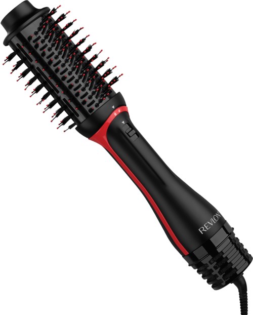 Een zwarte en rode verwarmde haarborstel met borstelharen, een knop en een kabel.