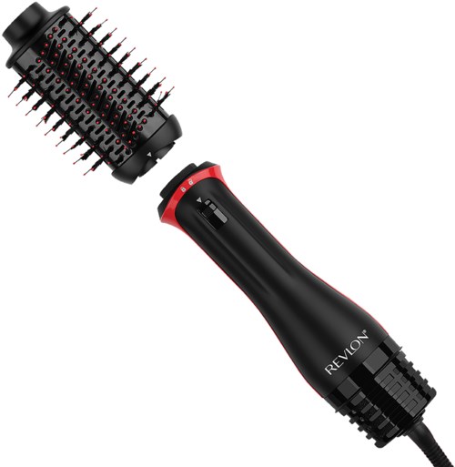 Een zwart en rood Revlon verwarmde stylingborstel met borstel en roterende drum.