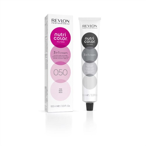 Eine Tube Revlon Nutri Color 3-in-1-Creme neben der Verpackung, zeigt rosa und grau farbige Kreise, mit Produktdetails.