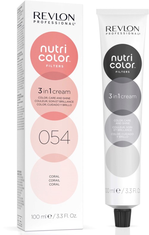 Revlon NutriColor Filter 3-in-1 Creme mit Korallenfarben, verpackt in Schachtel und Tube, für Haarfarbpflege.