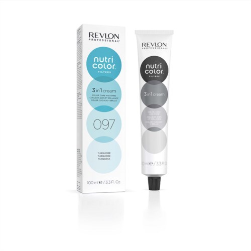 Revlon Nutri Color Haarfarbe Tube und Verpackung, Farbton 097, türkis und silber, 100 ml.