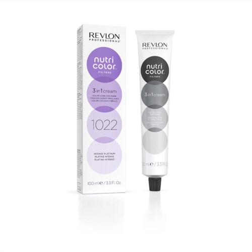 Revlon Haarfarbencreme in einer weißen Tube, beschriftet 'nutri color' mit lila und grauen Kreisen, Farbton 1022.