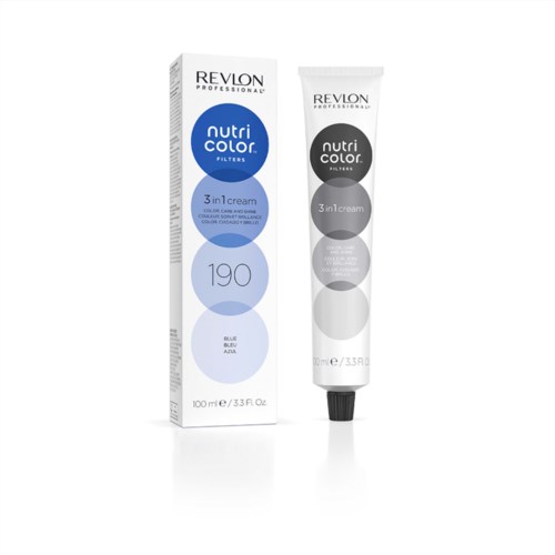 Revlon nutri color filtercreme in einer Tube. Blau und grau Verpackung, 100 ml. Für Haarfärbung und Pflege.
