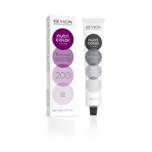 Eine Tube Revlon Nutri Color 3-in-1 Creme und ihre Verpackung, zeigt lila und grau Farben, mit Produktdetails.