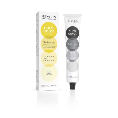 Revlon Nutri Color Cremetube und Schachtel mit gelben, schwarzen, weißen und grauen Kreisen, die Haarfärbeprodukte anzeigen.