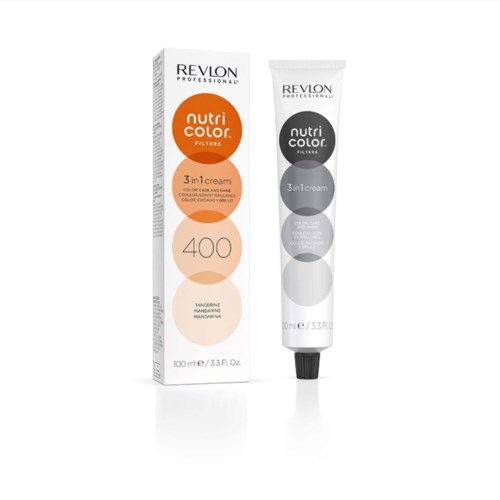 Eine Tube und eine Verpackung von Revlon Nutri Color 3-in-1 Haarcreme mit orangefarbiger und schwarzer Verpackung, Farbnummer 400 Tangerine.