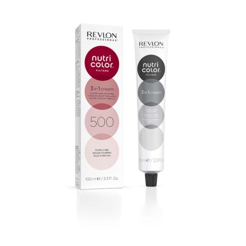 Revlon NutriColor 3-in-1 Haarcreme, lila roter Ton, 100ml Tube und Verpackung gezeigt.