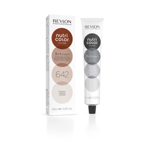 Revlon Nutri Color 3-in-1 Cremefarbe, Farbton 642 Kastanie, in einer Tube mit Verpackung die Farbmuster zeigt.