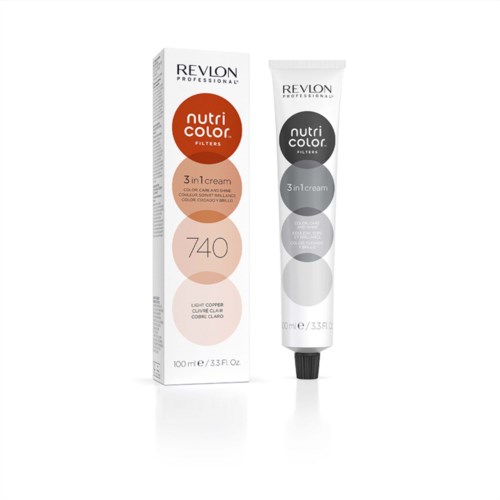 Revlon Nutri Color Haarfarbe Tube und Verpackung, dunkelgrau und pfirsichfarben, für hellkupfer oder blondes Haar.