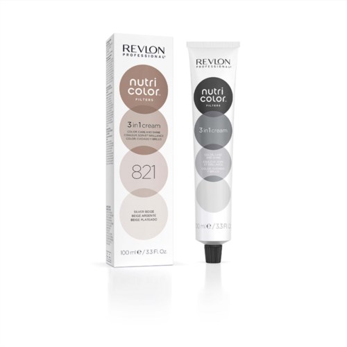 Revlon Nutri Color 3-in-1 Creme für Haare, Farbton 821, Silber Beige, in Tube und Verpackung.