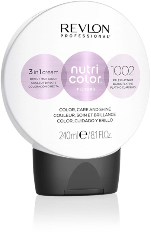 Ein runder Behälter mit schwarzem Boden, beschriftet Revlon Nutri Color Filters in lila, weiß und schwarz.