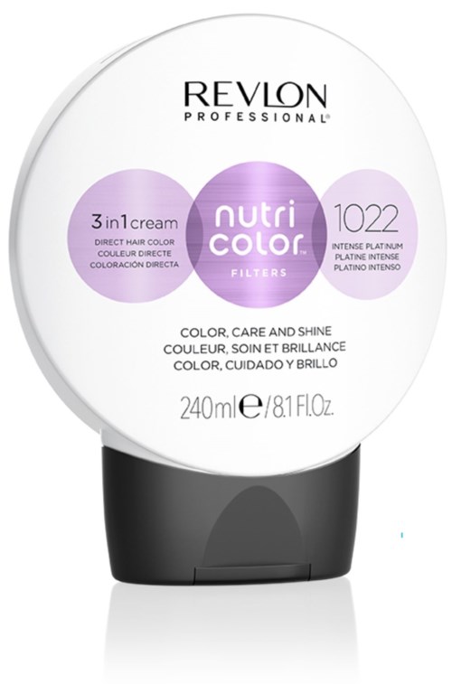 Haarpflegeprodukt in weißem Behälter mit schwarzem Boden, gekennzeichnet als Revlon Nutri Color Filter für Glanz und Farbe.