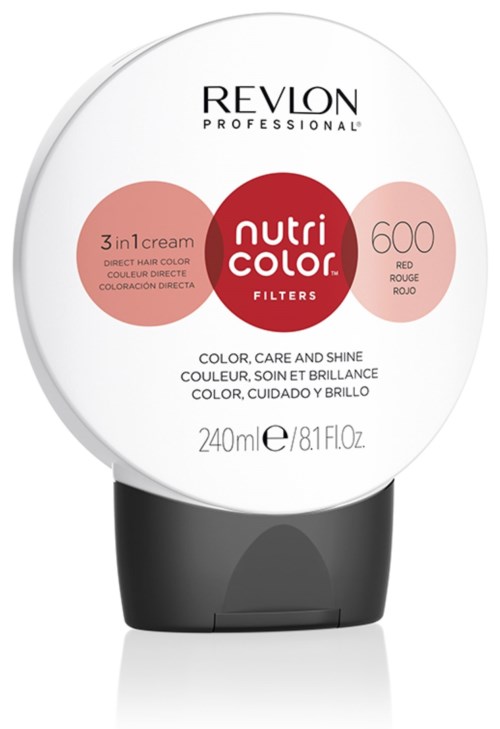Ein Revlon Nutri Color Filters-Behälter für rotes Haar, mit 240 ml Größe und schwarzem Deckel.