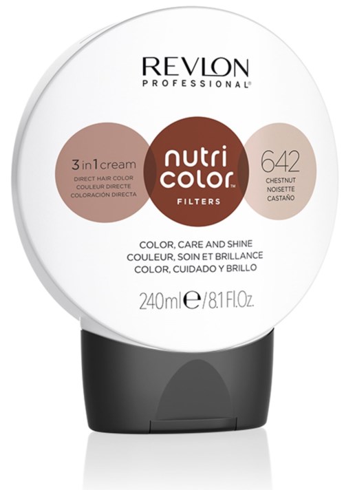 Revlon Nutri Color Haarfarbe, kastanienbraun, 240ml, in runder Verpackung mit schwarzem Boden.