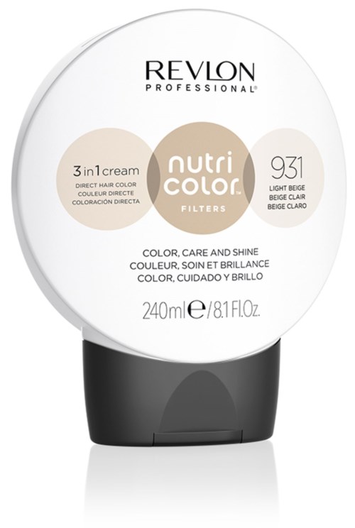 Ein Revlon Nutri Color Haartönungsbehälter mit beiger und hellbrauner Farbgestaltung, 240 ml Größe, schwarzer Deckel.
