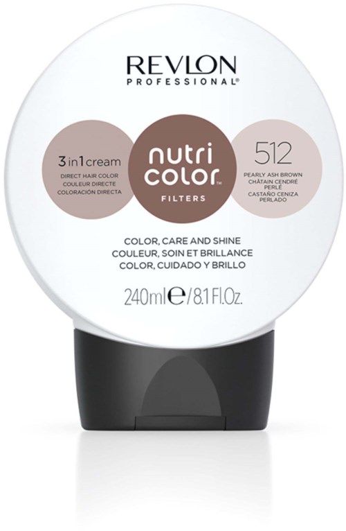 Ein runder Behälter mit schwarzem Klappdeckel, Revlon Nutri Color Filters, 240 ml, braun. Für Haarfärbung.
