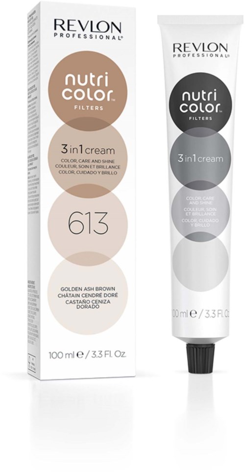Eine Tube Revlon Nutri Color Haarfarbe in Farbton 613 mit Packung, die die Farbe und Produktdetails zeigt.