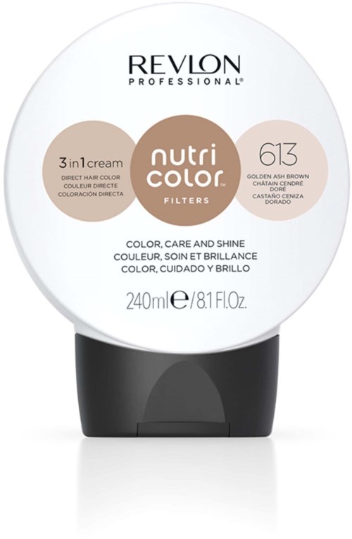 Ein runder weißer Behälter mit schwarzem Boden enthält Revlon Nutri Color Haarfarbe, Farbnummer 613, für Farbe und Glanz.