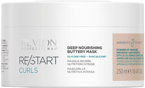 Ein weißer Behälter mit Revlon Re/Start Curls Haarmaske für Pflege, Etiketten in Englisch und Französisch.