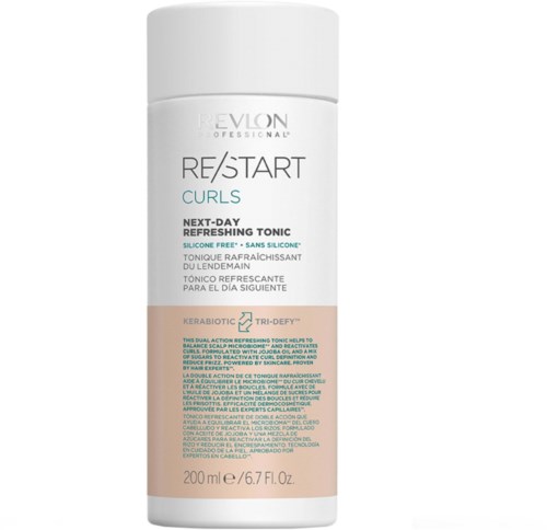 Eine weiße Flasche Evlon Re/Start Curls Refreshing Tonic für Haare mit blauen und pfirsichfarbenen Etiketten.
