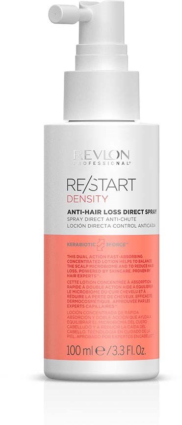 Eine weiße Flasche mit Pumpkopf, gekennzeichnet Revlon Professional Re/Start Density, für Haarbehandlung, 100 ml.