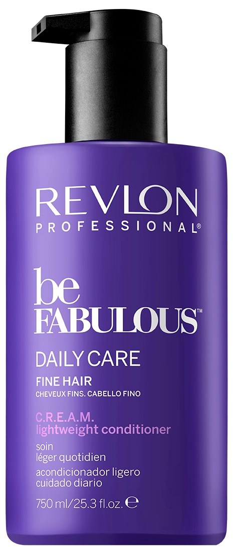 En lila flaska med svart pump, märkt 'Revlon Professional be FABULOUS Daily Care för fint hår'.