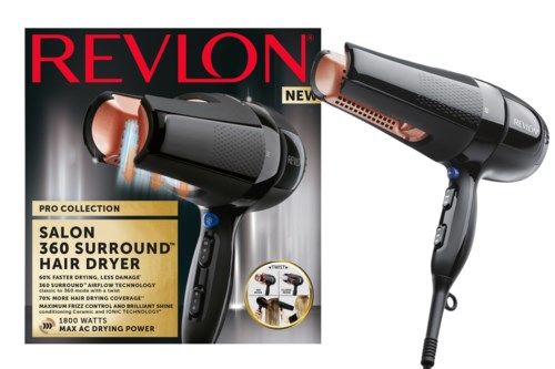 Revlon föhn in zwart en roze ontwerp, professioneel, met functies zoals Salon 360 Surround-technologie.