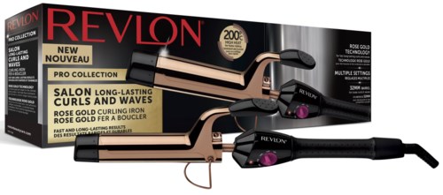 Een Revlon krultangset met twee krultangen, een doos en specificaties op de verpakking.