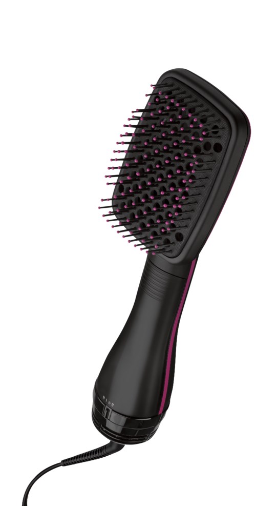 Zwarte haarborstel met roze stippen, snoer eraan, voor stylen en ontwarren van haar.