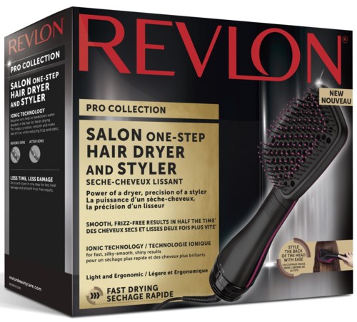 De doos toont een Revlon föhn en styler met functies als snel drogen en ionentechnologie.