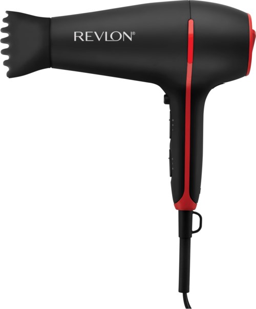 Een zwarte Revlon föhn met een rode knop, handvat en kabel. Compact en eenvoudig ontwerp.
