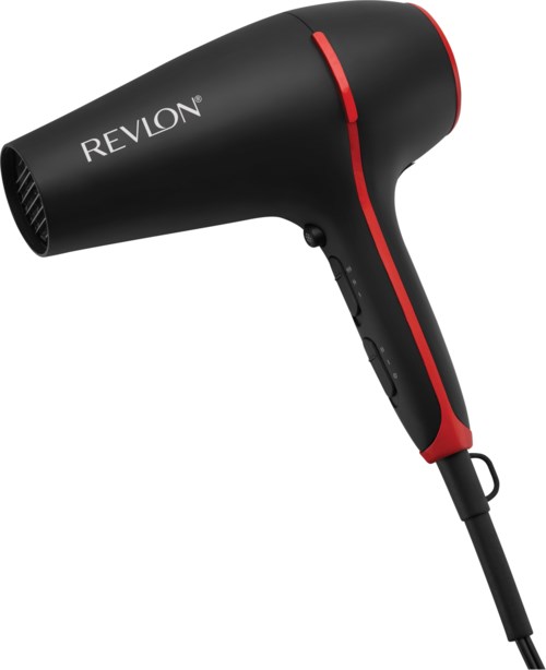 Een zwarte föhn met rode accenten, gemerkt Revlon, met knoppen op het handvat.