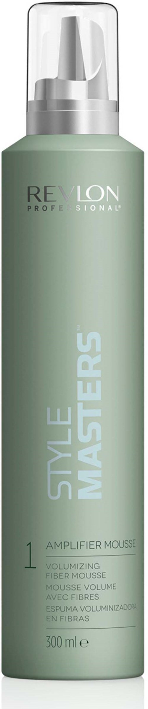 Eine lange, hellgrüne Flasche mit klarem Sprühkopf, beschriftet 'Style Masters' und 'Amplifier Mousse'.