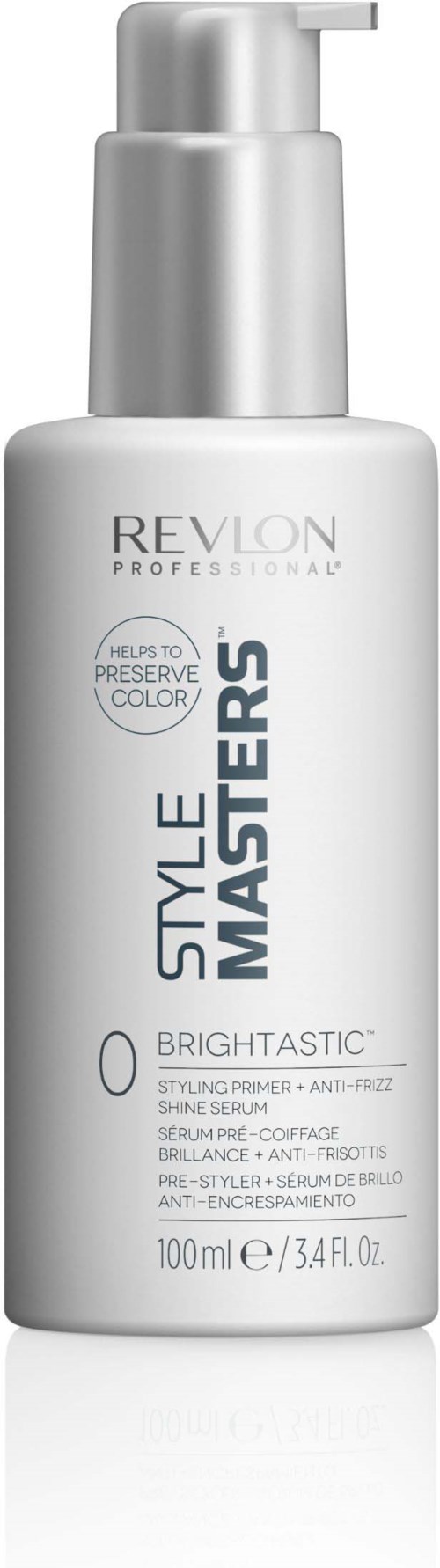 Eine weiße Flasche mit Pumpaufsatz, Revlon Style Masters Brightastic, für Glanz und Anti-Kriss.