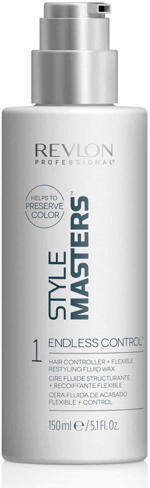 Eine weiße Flasche mit Sprühkopf. Es ist Revlon Style Masters Endlsss Control Haarspray für flexible Haltbarkeit.