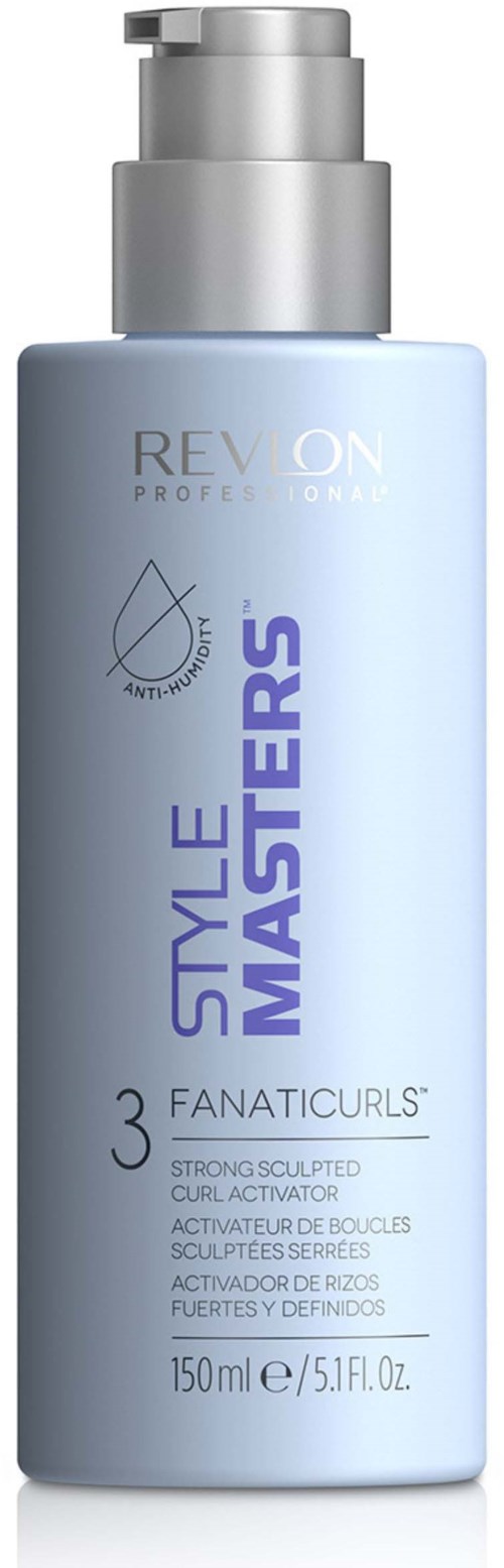Eine hellblaue Flasche mit Silberpumpe, beschriftet als Revlon Style Masters Fanaticurls für Lockenstyling, 150 ml.