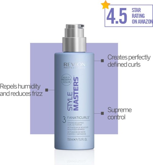 Eine blaue Haarsprayflasche mit der Aufschrift 'Revlon Style Masters' und Funktionen wie Locken definieren, Frizz reduzieren und Haare kontrollieren.