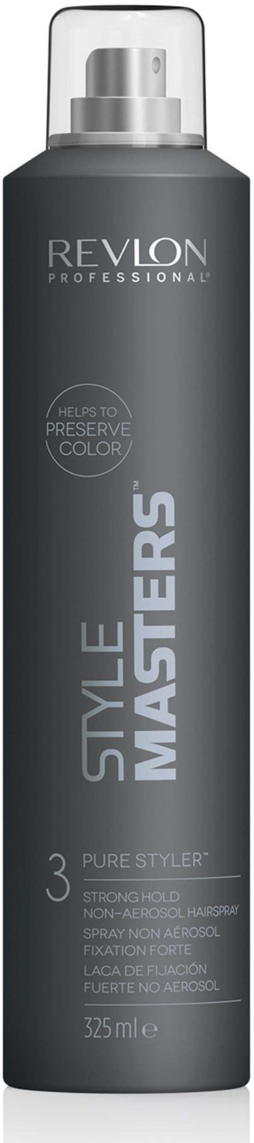 Eine lange schwarze Dose Revlon Style Masters Haarspray mit klarem Deckel und weißen Text.