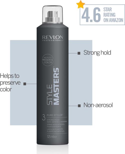Eine schwarze Revlon-Haarspraydose mit Etiketten, die ihre Eigenschaften und Bewertung, nicht-Aerosol, starken Halt und Farbschutz hervorheben.