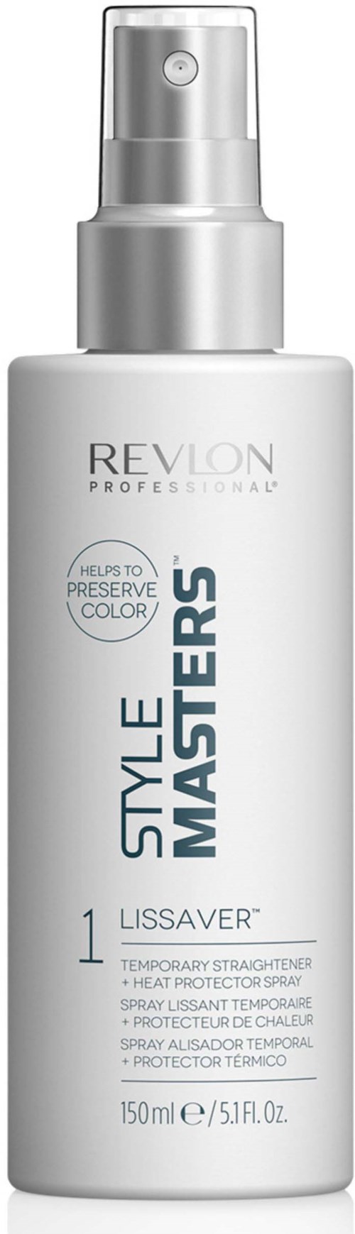 Eine weiße Sprühflasche mit Revlon Style Masters, für Haare, mit silberner Sprühpistole und Deckel.