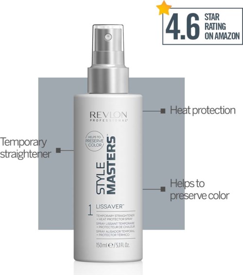 Eine graue Sprühflasche von Revlon mit weißem Etikett. Bietet Hitzeschutz und hilft, die Haarfarbe zu bewahren.